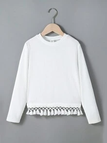 SHEIN Chica preadolescente Camiseta ribete con fleco tejido de canalé