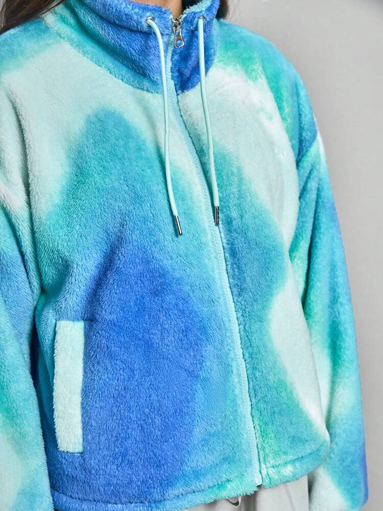 Tie Dye Drop Shoulder Zipper Fleece Jacket