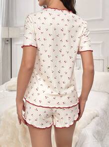 SHEIN Maternity Cherry Print Lettuce Trim Nursing Detail Tee & Shorts PJ Set / Pajama Set