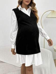 SHEIN Maternity 2 In 1 Ruffle Hem Dress - Black - View 3