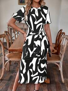 SHEIN Clasi Allover Print Knot Front Split Thigh Dress - Black and White - View 6
