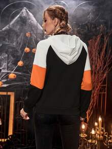 PUNK Halloween Print Raglan Sleeve Drawstring Hoodie - Black - View 2
