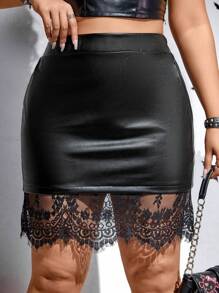 Celure 大碼蕾絲拼接亮面包臀半身裙 - 黑色 - 查看 1