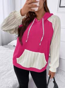 SHEIN LUNE Plus Size Two Tone Raglan Sleeve Drawstring Sweatshirt - Hot Pink - View 4