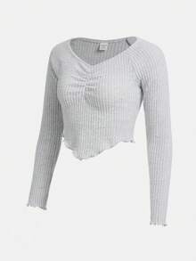 SHEIN 青少年女孩胸部褶皺木耳邊插肩袖手帕下擺T恤 - 淺灰色 - 查看 3