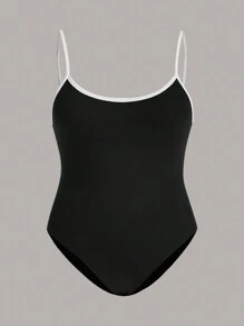 SHEIN BASICS 大碼撞色滾邊吊帶連體衣 - 黑色 - 查看 1