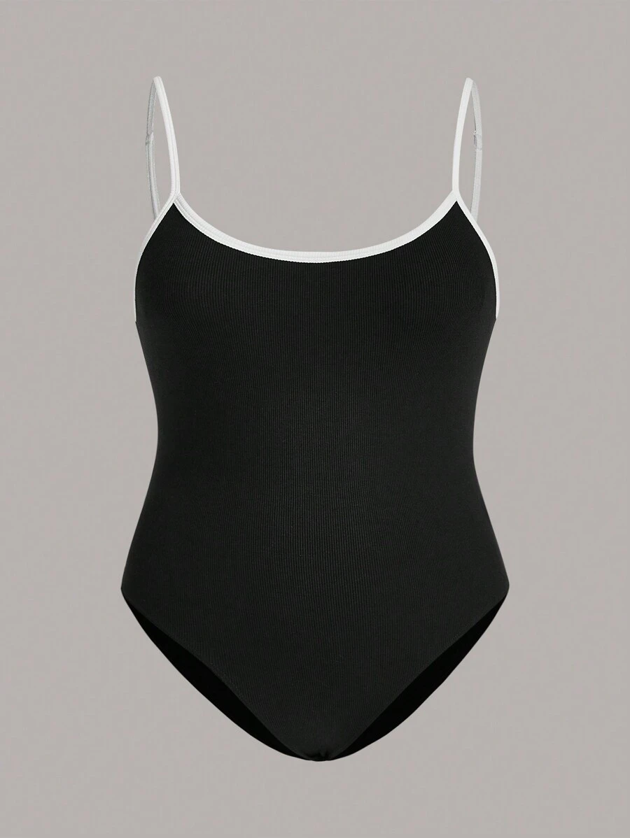 SHEIN BASICS 大碼撞色滾邊吊帶連體衣 - 黑色 - 查看 1