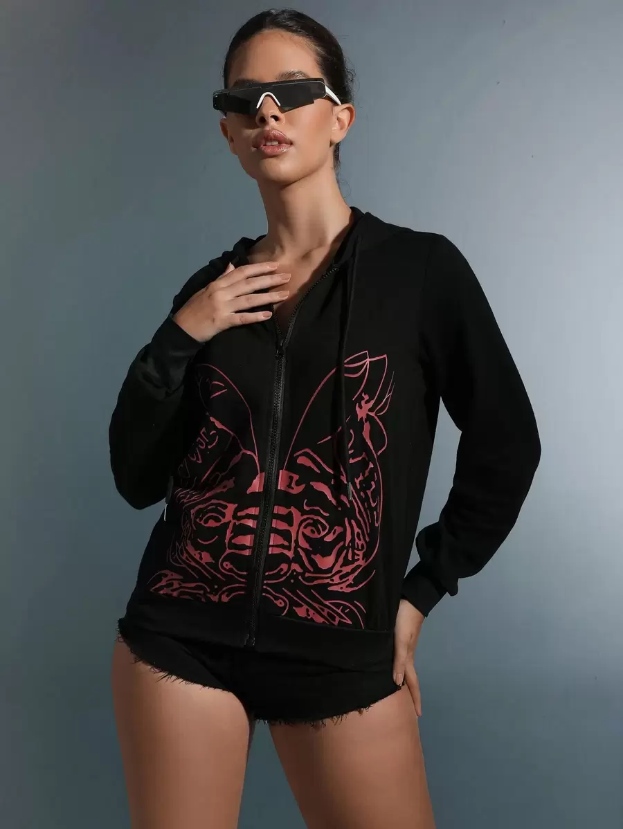 SHEIN Unity Graphic Print Zip Up Drawstring Hoodie Pullover Fall Outfit - Black - View 1