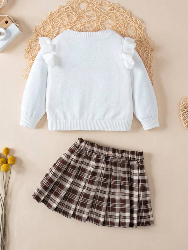 Baby Girl Ruffle Trim Cardigan & Plaid Pleated Skirt