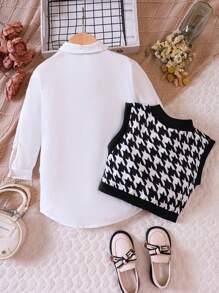 SHEIN 女小童千鳥格印花背心上衣&襯衫洋裝 - 黑與白 - 查看 2