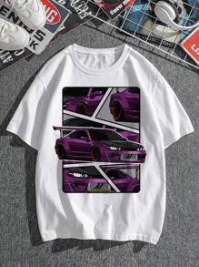 Hombres Camiseta con estampado de letra y coche - Blanco - Ver 1