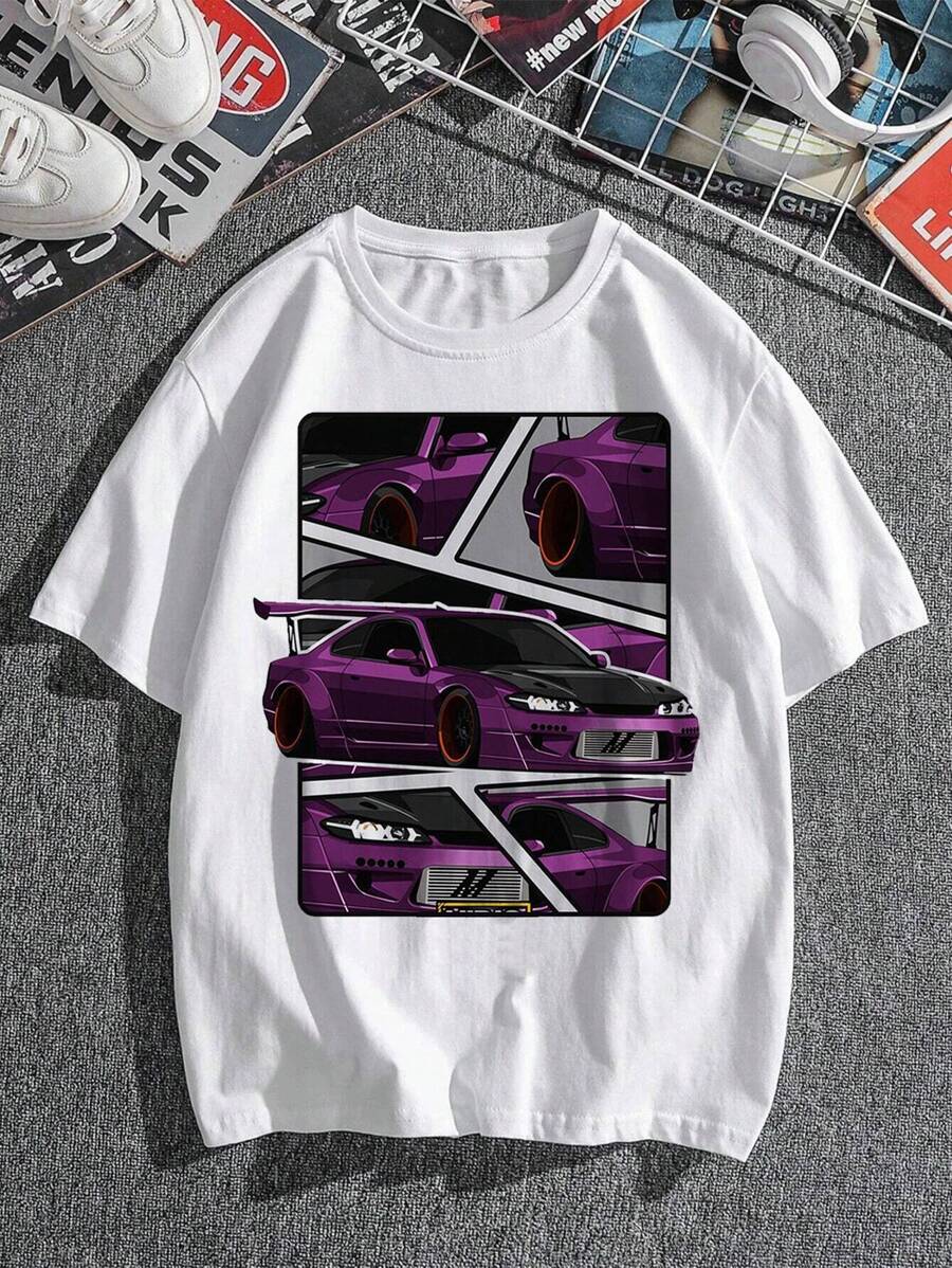 Hombres Camiseta con estampado de letra y coche - Blanco - Ver 1
