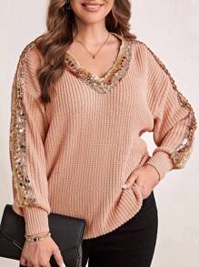 EMERY ROSE Hơn Tương phản Sequin Thả vai Áo len - Màu Hồng  San hô - Xem 1