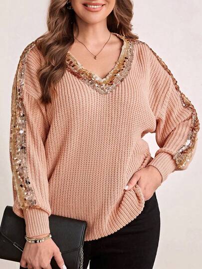 EMERY ROSE Talla grande Jersey con lentejuela en contraste de hombros caídos