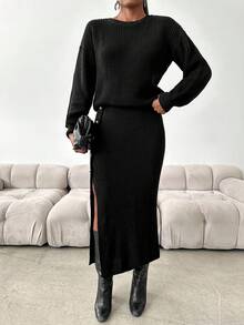 EURMUSE Drop Shoulder Sweater & Button Detail Knit Skirt - Black - View 2