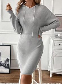 SHEIN Clasi Drop Shoulder Drawstring Hooded Bodycon Sweater Dress - Grey - View 1