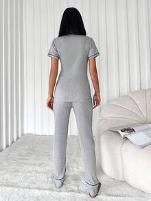 RueChic Contrast Binding Button Front Lounge Set - Light Grey - View 2