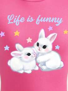 SHEIN EZwear 卡通和標語圖案短款T恤 - 粉色 - 查看 4