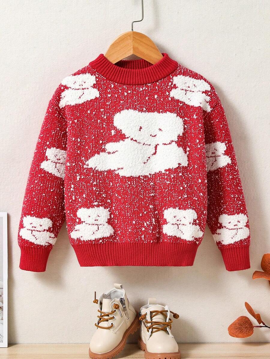 SHEIN Young Girl Cartoon Pattern Drop Shoulder Sweater - Burgundy - View 1