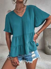 Breezaya Chất rắn Xù Hoa Sen Áo sơ mi - Màu xanh ngọc - Xem 3