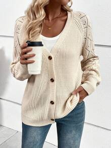 SHEIN LUNE 插肩袖前紐扣網眼針織開襟衫 - 杏色 - 查看 3