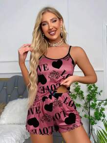 SHEIN Heart & Letter Graphic Contrast Binding Lettuce Trim PJ Set / Pajama Set - Hot Pink - View 4