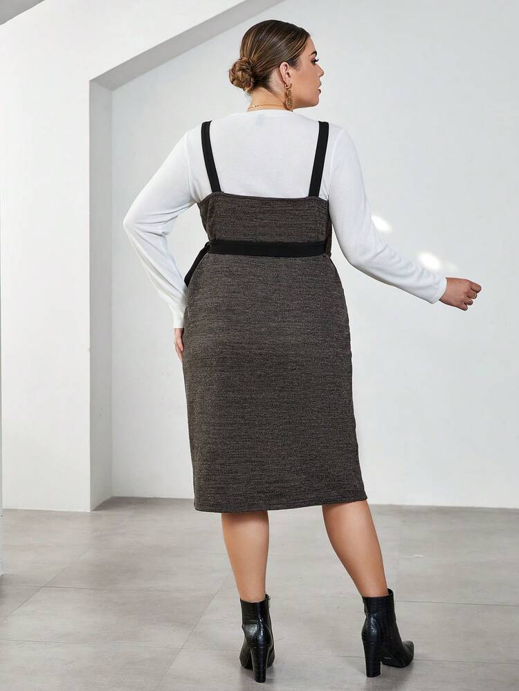 Plus Solid Tee & Wrap Hem Overall Dress