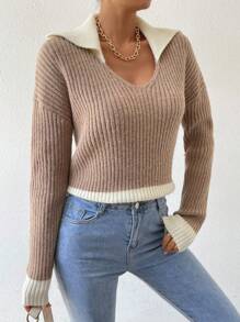 SHEIN LUNE Áo len chui đầu cổ tương phản, vai rớt, chất liệu dệt kim gân, thích hợp cho mùa thu đông. - Nhiều màu - Xem 5