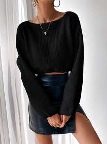 Chiquease 纯色落肩短款针织套头衫，适合秋冬季穿着 - 黑色 - 查看 6