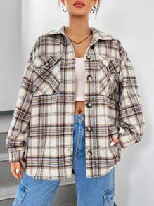 SHEIN EZwear Áo khoác có túi nắp trễ in họa tiết kẻ sọc - Nhiều màu - Xem 1