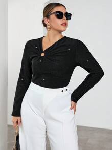 SHEIN Privé Plus Ring Linked Glitter Tee - Black - View 4