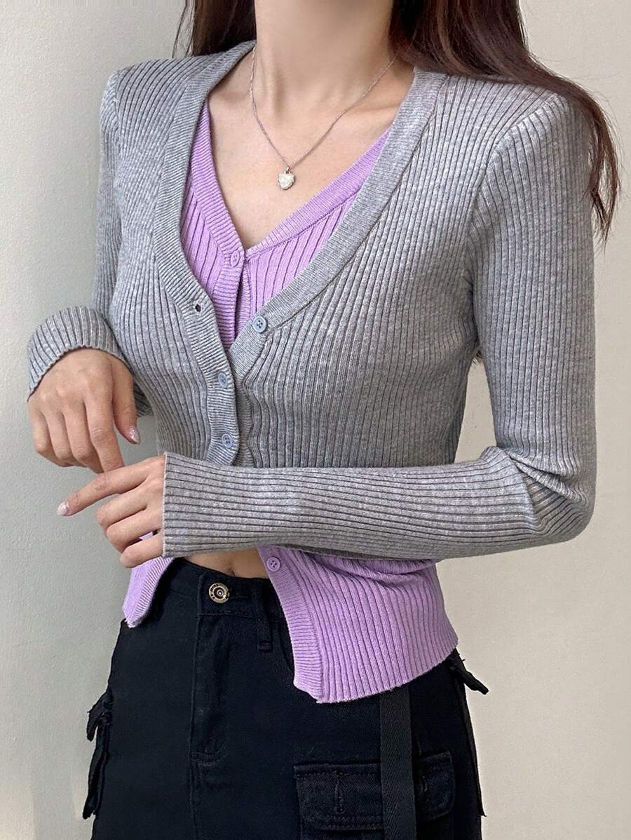 DAZY 拼色纽扣前开襟短款二合一开衫，秋季女装 - 灰色 - 查看 1