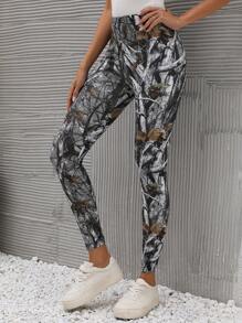 SHEIN LUNE Plants Print Elastic Waist Leggings - Multicolor - View 1