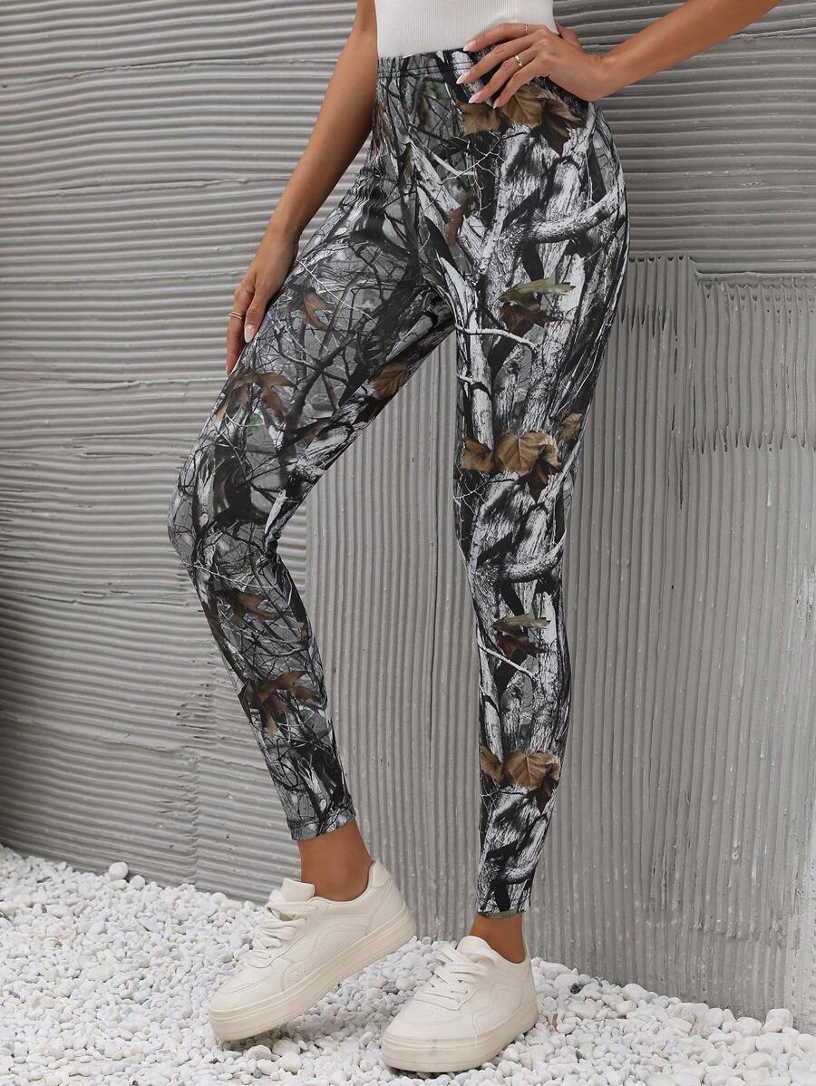 SHEIN LUNE Plants Print Elastic Waist Leggings - Multicolor - View 1