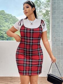 SHEIN ICON 大碼格紋印花肩上打結下擺開叉吊帶緊身洋裝不帶T恤 - 彩色 - 查看 6