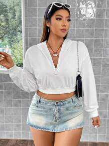 Flirla 加大码半拉链落肩短款卫衣 - 白色 - 查看 6