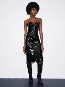 Maija 高衩亮面抹胸洋裝 - 黑色 - 查看 4