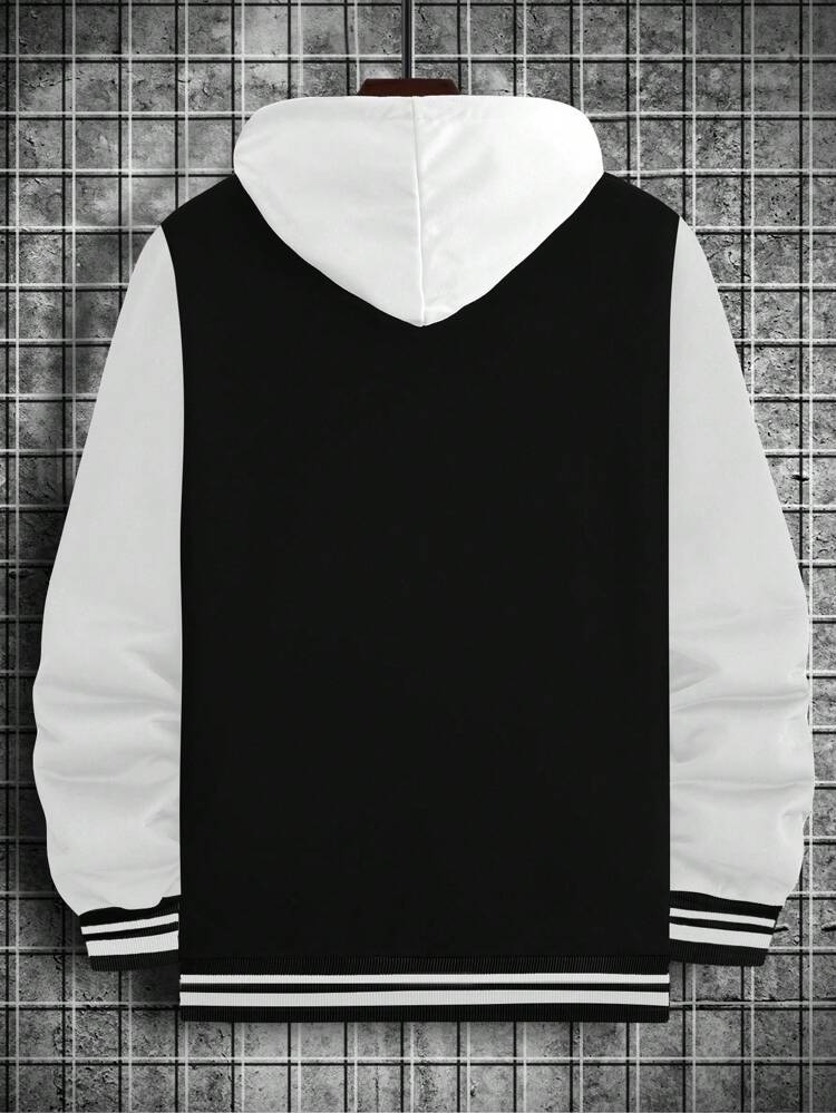 Men Letter Patched Striped Trim Colorblock Varsity Jacket