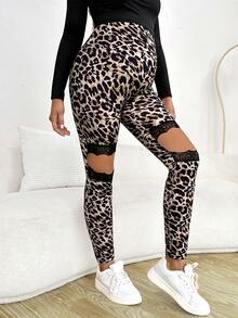 SHEIN 蕾絲拼接 挖空豹紋孕婦打底褲 - 彩色 - 查看 5