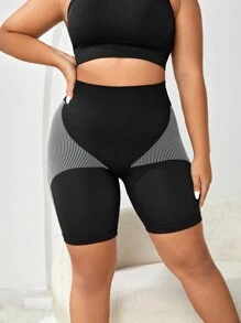 Yoga Basic Plus Striped Print Wideband Waist Sports Shorts - Black - View 4