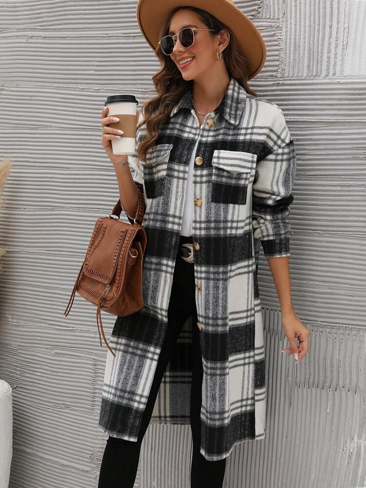 Plaid Print Drop Shoulder Flap Pocket Overcoat Fall Winter Cloth For Women