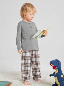 SHEIN 男小童半排扣T恤&格紋長褲睡衣套裝