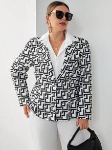 SHEIN Privé 大碼滿版印花單釦西裝外套 - 黑與白 - 查看 4