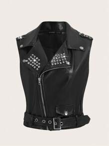 ROMWE PUNK Cazadora chaleco unicolor con cremallera PU sin top - Negro - Ver 1