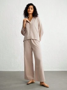Ocili 女性襯衫領長袖衣裝和褲子休閒裝套裝 - 卡其色 - 查看 5