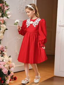 SHEIN 女大童凸花蕾絲貼花喇叭袖洋裝 - 紅色 - 查看 6