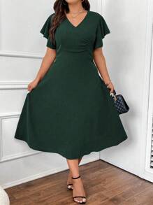 Celure Plus Solid Butterfly Sleeve A-line Dress - Dark Green - View 7