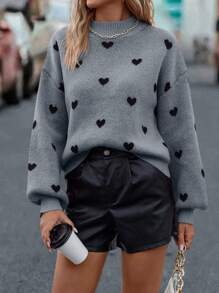 SHEIN LUNE Heart Pattern Mock Neck Drop Shoulder Sweater,Long Sleeve Tops