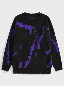 ROMWE MEN Grunge Punk 男士图案落肩套头毛衣 - 黑色 - 查看 1