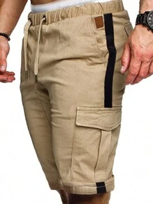 Manfinity Homme Men Flap Pocket Drawstring Waist Cargo Shorts Plain Khaki - Khaki - View 3
